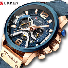 Load image into Gallery viewer, Curren relojes deportivos informales para hombre reloj de pulsera de cuero militar de lujo de marca azul reloj de pulsera de cronógrafo de moda para hombre esfera de segundos minutos
